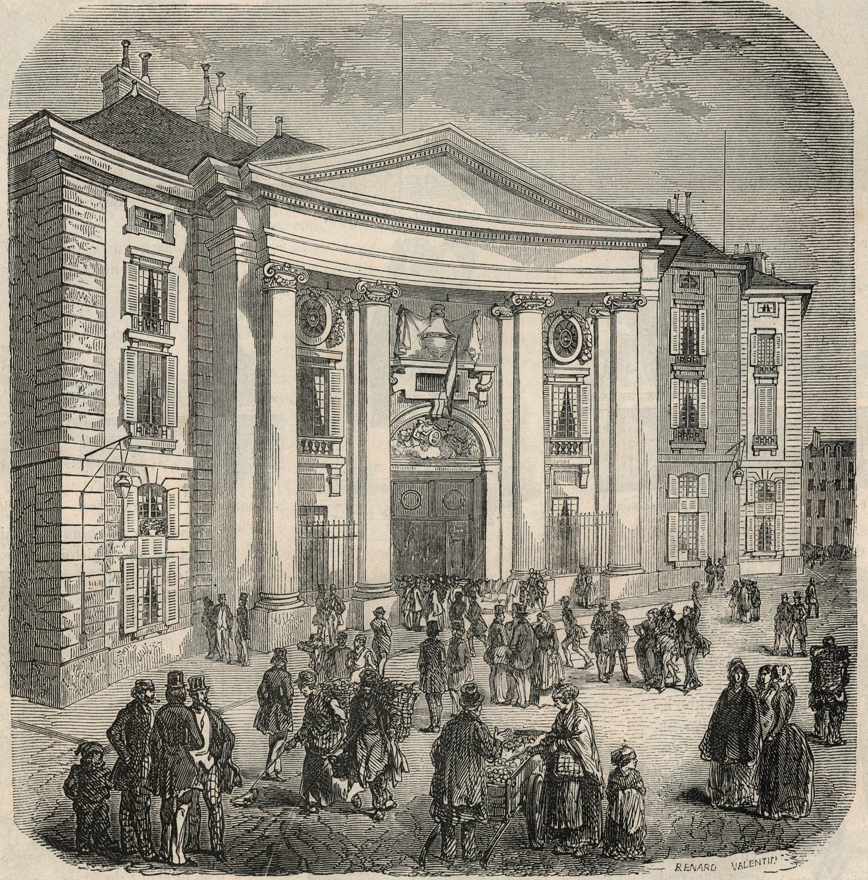Ulkokuva oikeustieteellisestä korkeakoulusta, Place du Pantheon Pariisissa - Kaiverrus "Tableau-de-Paris" Edmond Texier 1852 tekijältä French School