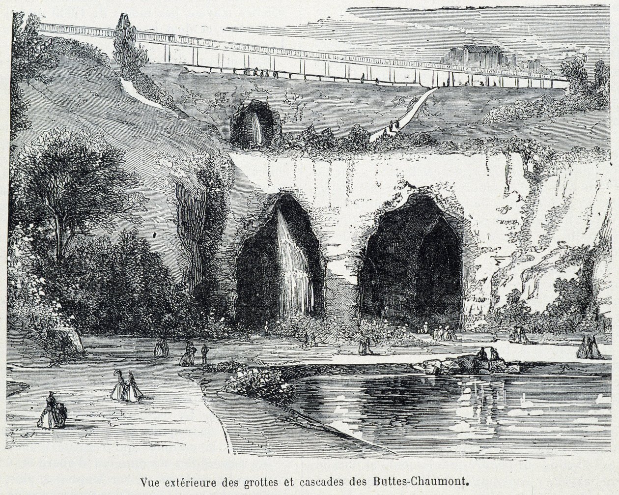 Ulkonäkymä Buttes Chaumontin kaskadeista ja luolista, kaiverrus 1800-luku tekijältä French School