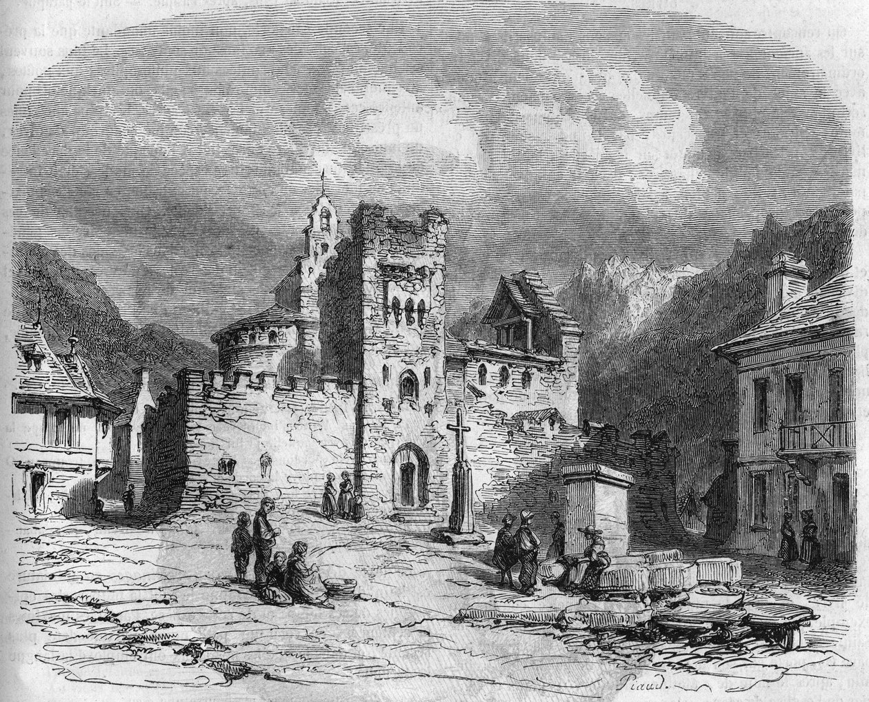 Ulkokuva Pyhän Andrean kirkosta (temppeliläisten kirkko), linnoitettu 1300-luvulla. Luz saint pelastaja (Luz-Saint-Sauveur), Hautes Pyrenees (65) tekijältä French School