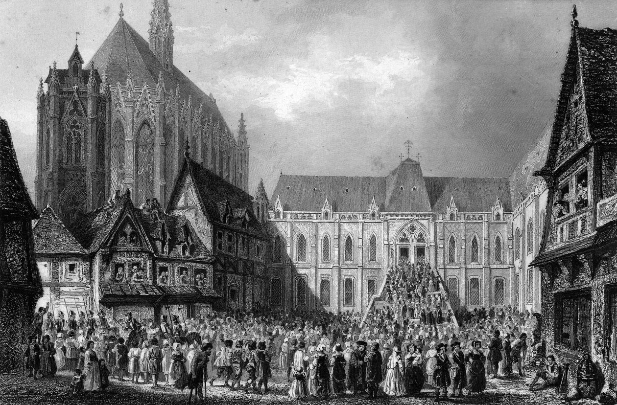 Näkymä oikeustalon ulkopuolelta. Victor Hugon teoksessa Notre Dame de Paris, kaiverrus vuodelta 1844. tekijältä French School
