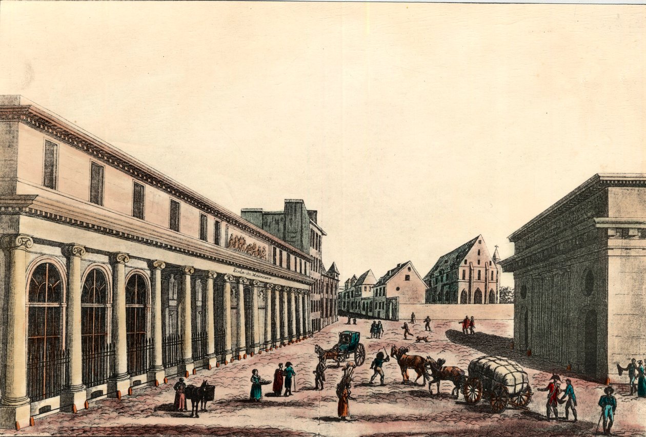 Ulkokuva Pariisin lääketieteellisestä koulusta konsulaatin alla (1799-1804). Kaiverrus 1800-luvulta. Yksityinen kokoelma. tekijältä French School