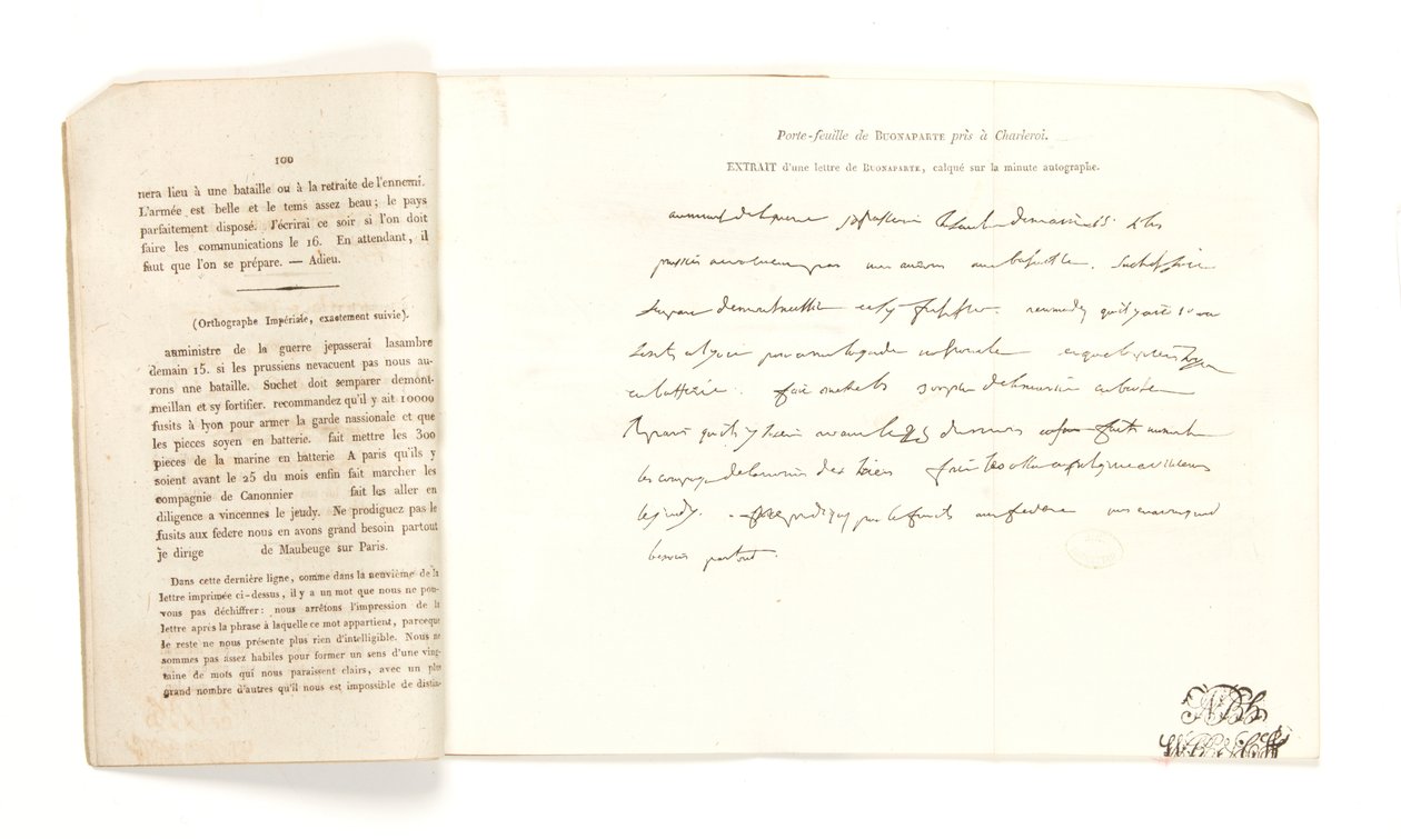 Ote Bonaparten kirjeestä, Portefeuille de Buonaparte pris à Charleroi le 18 juin 1815 (kynä ja muste paperille) tekijältä French School