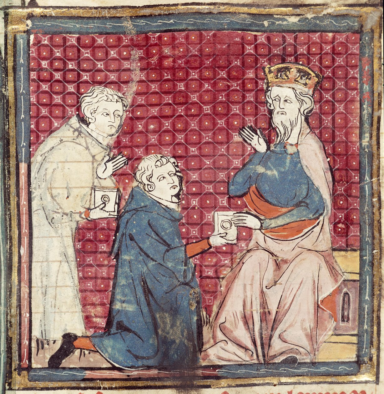 F.117r lähettiläitä kertomassa Kaarle Suurelle voitosta saraseenien yli Grandes Chroniques de Francesta, 1375-79 tekijältä French School