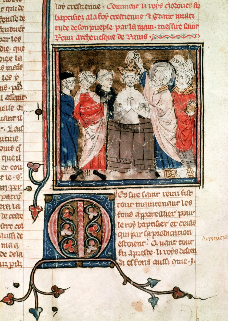F.11r St. Remigius (n. 438-533) Rheimsin piispa, kaste ja voitelu Clovis I (465-511) frankkien kuningas, Grandes Chroniques de Francesta, 1375-79 tekijältä French School