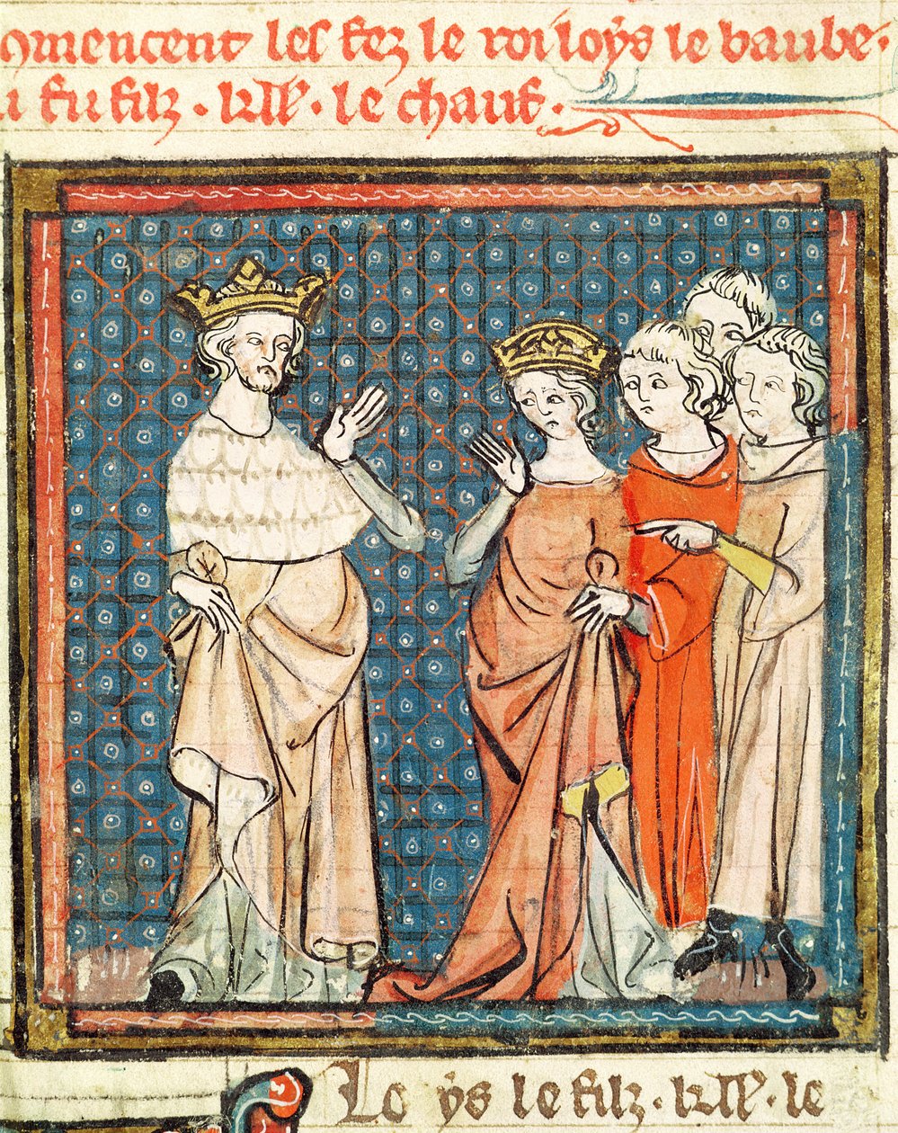 F.180r Ludvig II:n (846-79) hämmennys ja Adelaiden Frioul, Akvitanian kuningatar, Grandes Chroniques de Francesta 1375-79 tekijältä French School