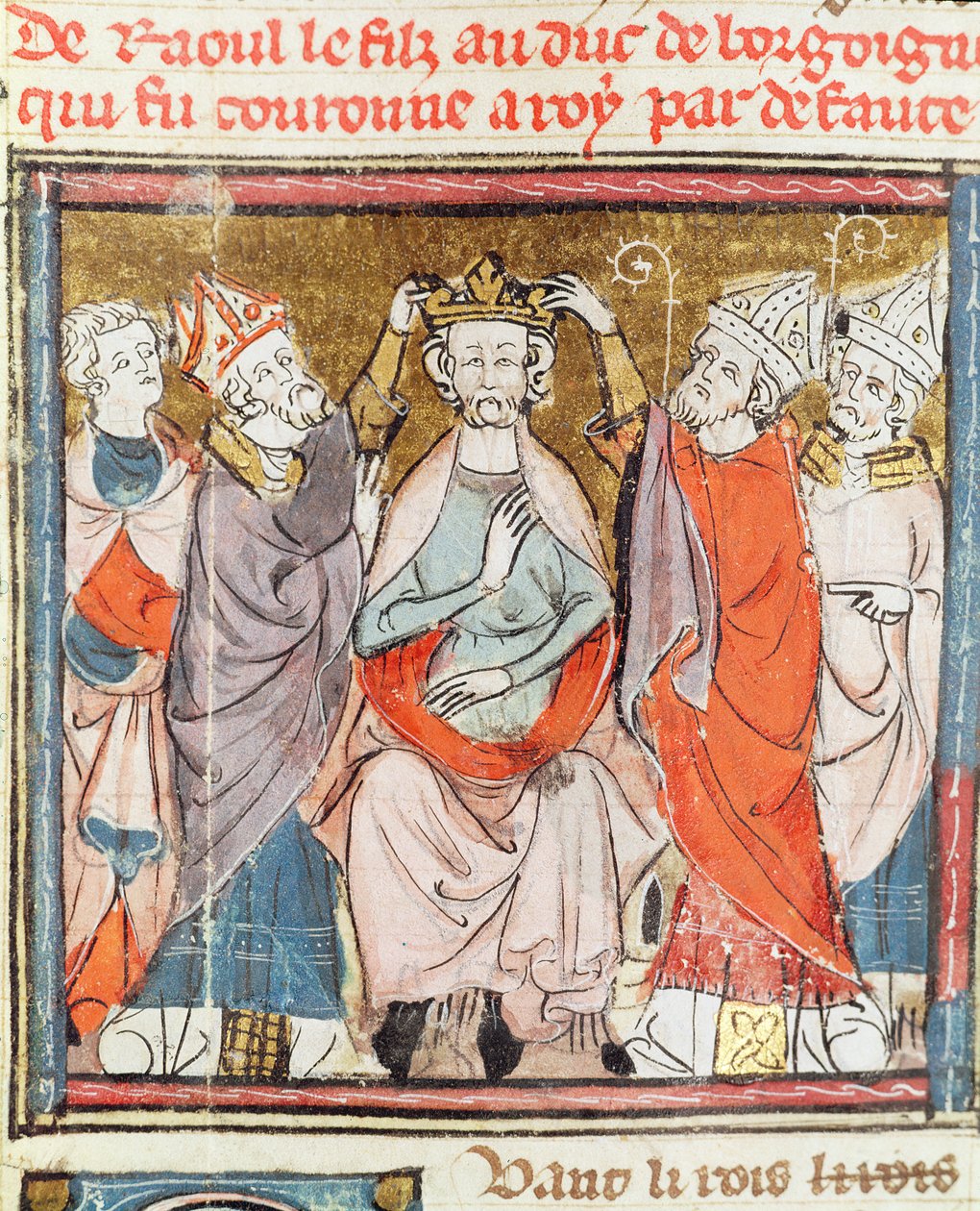F.188r Raoul, Burgundin herttuan poika, kruunattiin Ranskan kuninkaaksi Grandes Chroniques de Francesta, 1375-79 tekijältä French School
