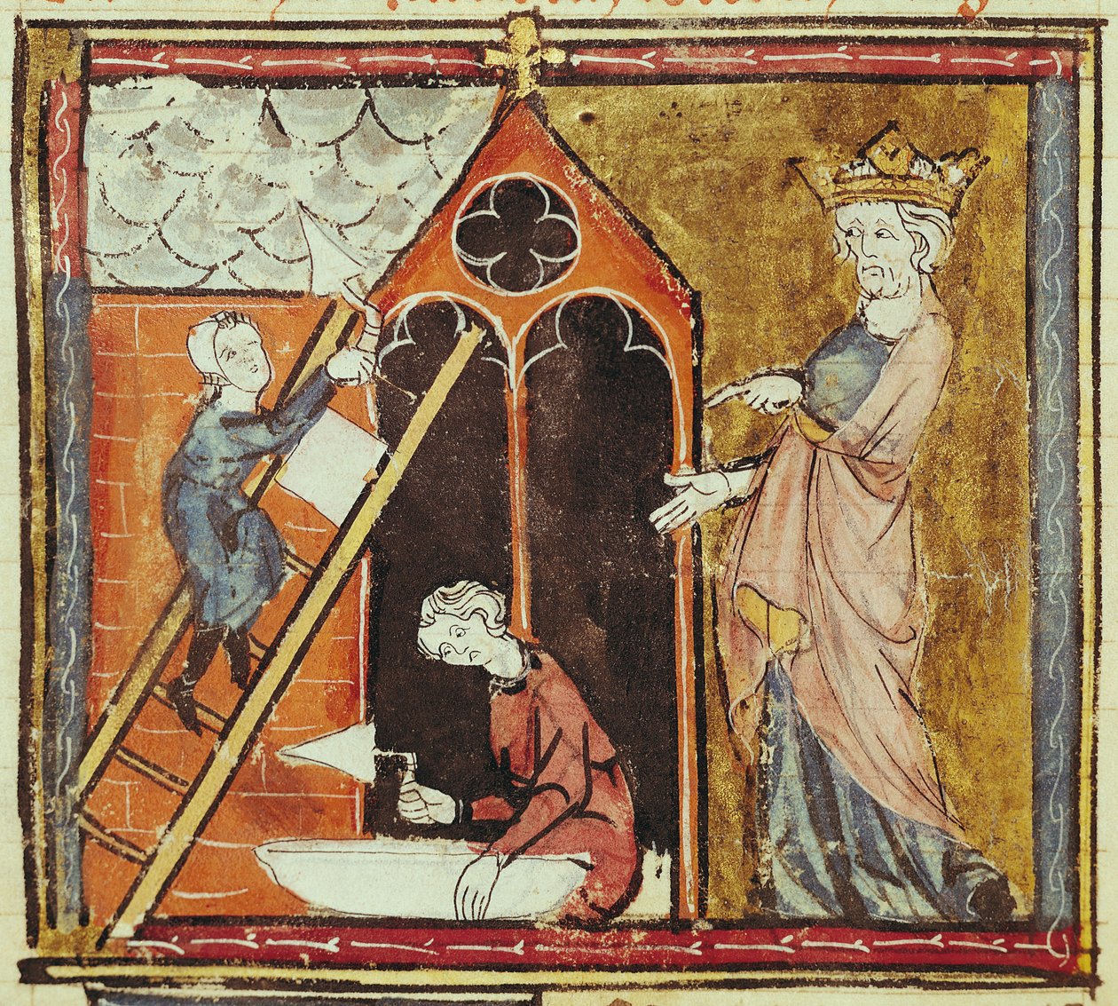 F.235v Kuningas Ludvig VI (1080-1137) katsomassa kirkon rakentamista, Grandes Chroniques de Francesta 1375-1379 tekijältä French School