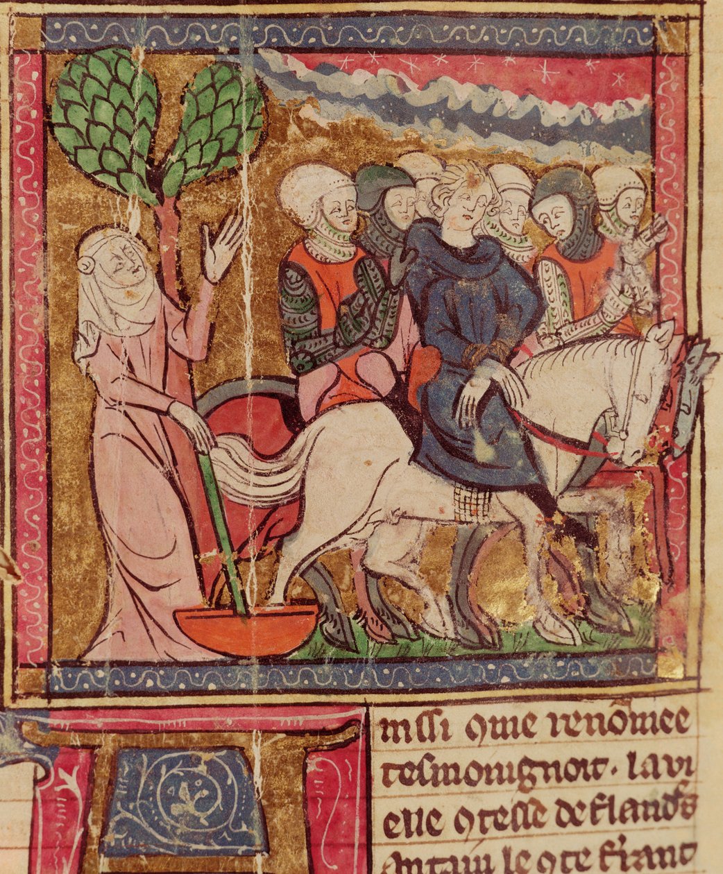 F.288r Ferdinand Portugalilainen (1186-1233) Flanderin kreivi, vangittu Pariisiin Bouvinesin taistelun jälkeen, 27. heinäkuuta 1214, Grandes Chroniques de France, 1375-1379 tekijältä French School