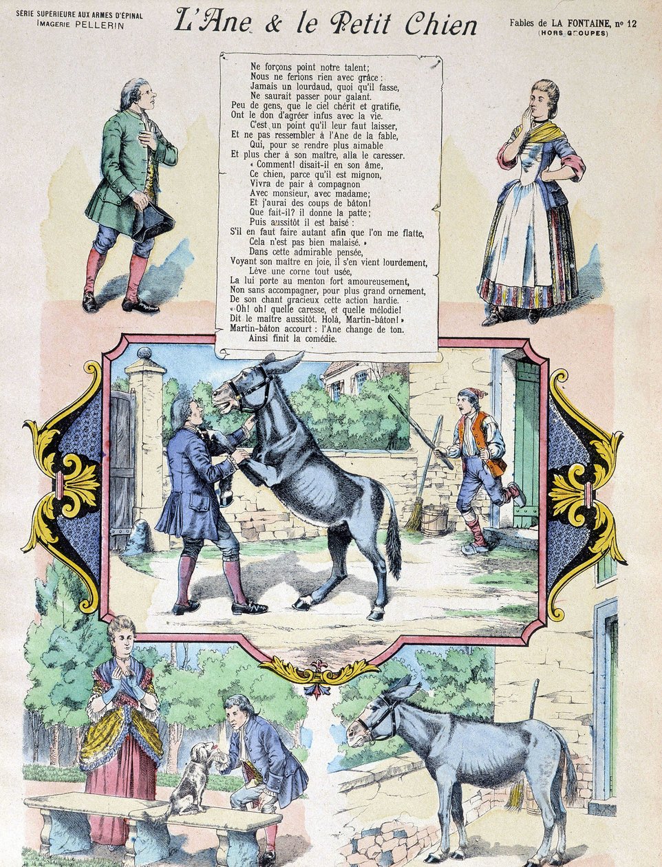 Fable de La Fontaine "Aasi ja pieni koira". Kuva: Epinal-Pellerin tekijältä French School