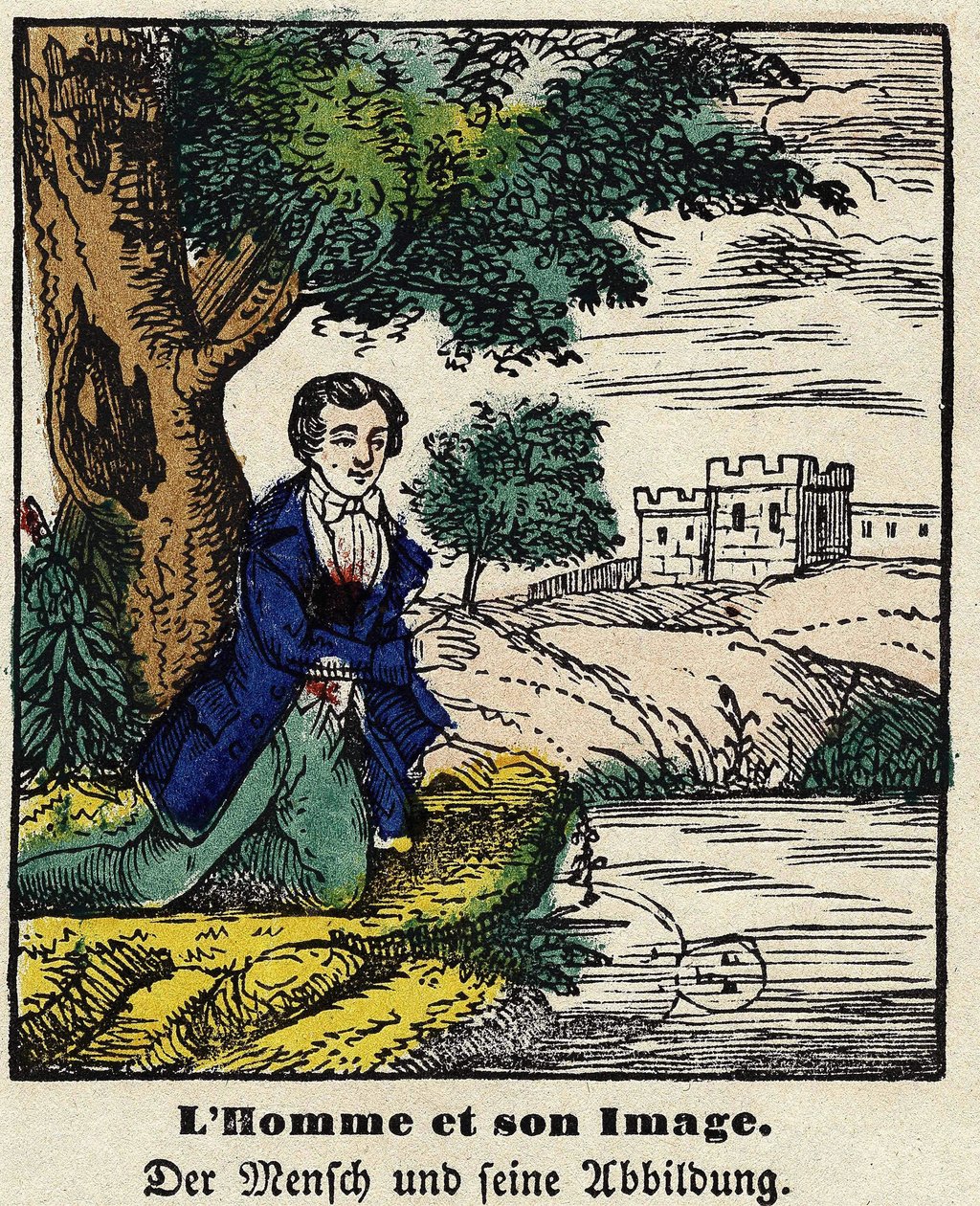 Fables de La Fontaine: mies ja hänen kuvansa. Kuva Epinalista, 1800-luvun ensimmäinen puolisko. tekijältä French School
