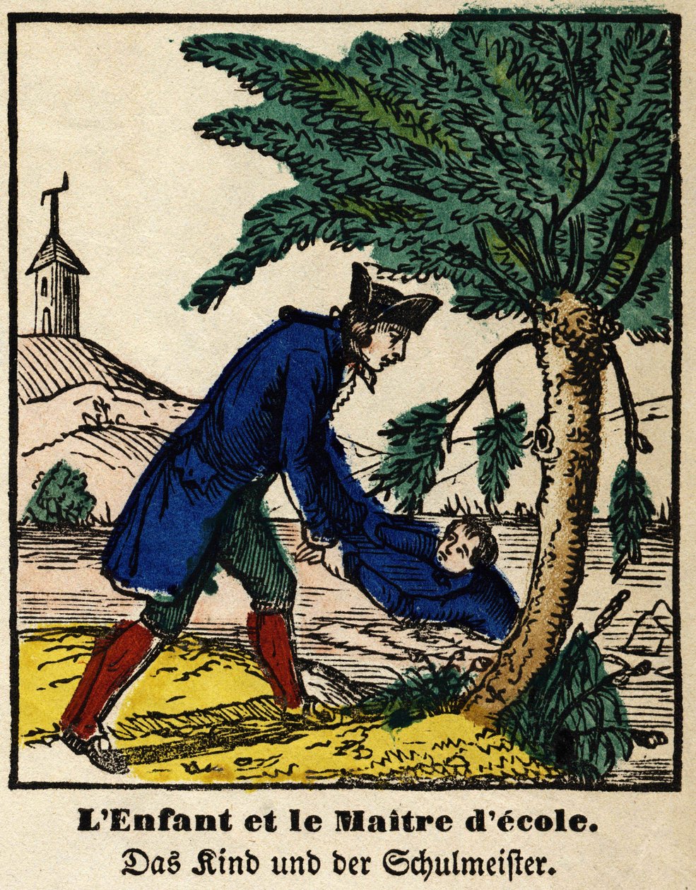 Fables de La Fontaine: lapsi ja koulumestari. Kuva Epinalista, 1800-luvun ensimmäinen puolisko tekijältä French School