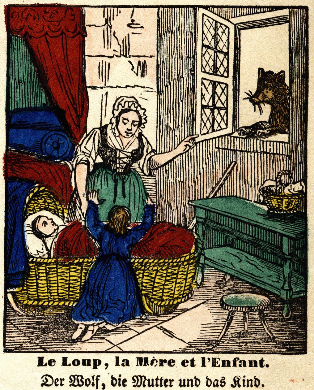 La Fontainen tarinoita: susi, äiti ja lapsi. Kuva Epinalista, 1800-luvun ensimmäinen puolisko tekijältä French School