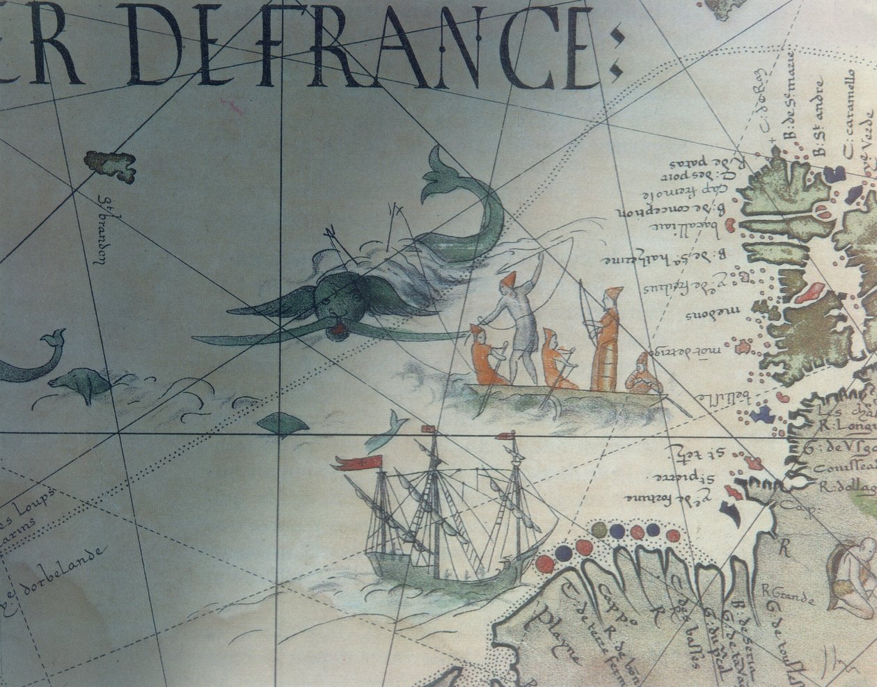 Faksimile valaanpyynnistä ja Isle of Saint Brandon, yksityiskohta Pierre Desceliersin portolaanin kartasta, 1546, julkaissut Edme Francois Jomardin (1777-1862) Monuments de la Geographie -julkaisussa tekijältä French School