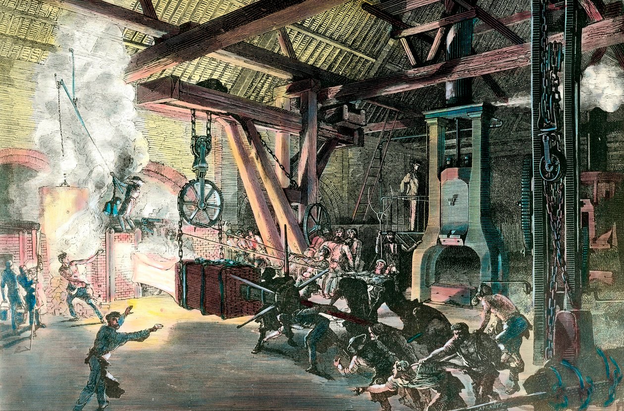 Tehdas: "" Le hamteau drummer (vasara-rumpali) des forges du Creusot vuonna 1865"" Kaiverrus noin 1865. Yksityinen kokoelma tekijältä French School
