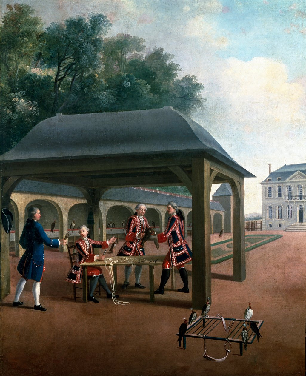 Haukkametsästys haukkoja metsästykseen. 1700-luvun ranskalaisen koulukunnan maalaus. Versailles, linnamuseo tekijältä French School