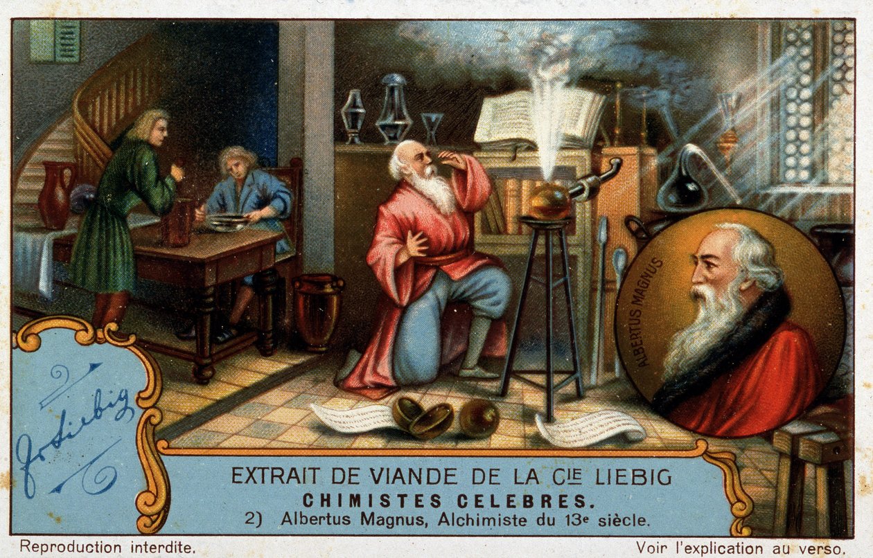 Kuuluisat kemistit: Albrecht von Bollstadt, joka tunnetaan nimellä Albert Suuri tai Albertus Magnus (1206 - 1280), Dominikaaninen veli, saksalainen kemisti ja Akvinolaisen Thomasin alkemistiprofessori voidaan esittää oppipoikana kuvassa tekijältä French School