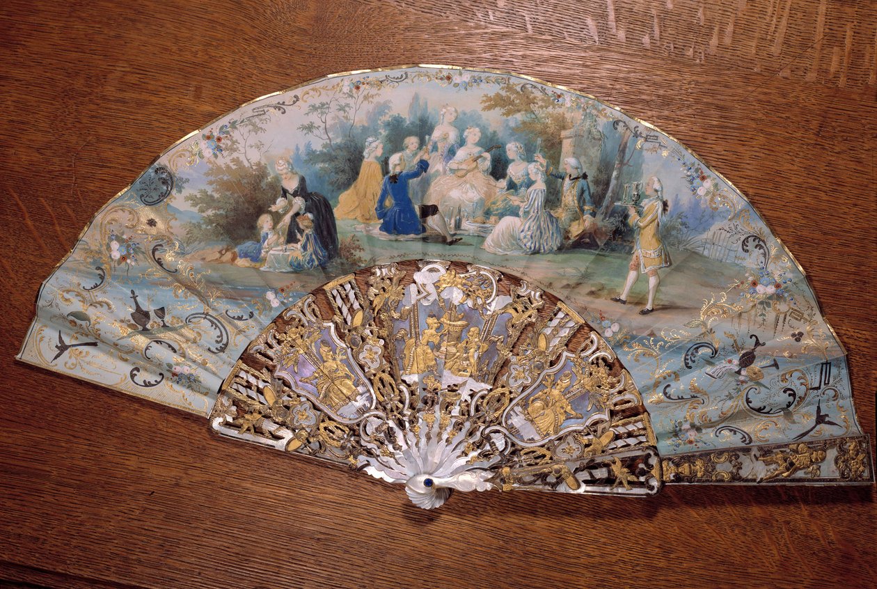 Maalaismakua edustava tuuletin. Ryhmä jalo piknik puistossa. 1700-luvun Chantilly, Conde-museo tekijältä French School
