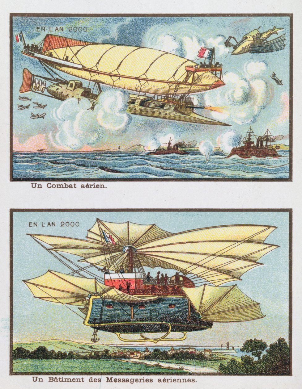 Fantasiakuvia ilmataistelusta ja rahtia kuljettavasta lentokoneesta vuonna 2000, n. 1910 tekijältä French School