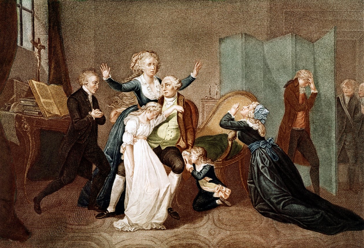 Jäähyväiset Louis XVI:lle hänen perheensä toimesta temppelissä, 20. tammikuuta 1793 - Louis XVI:n viimeinen haastattelu perheensä kanssa (Marie Antoinette ja heidän lapsensa Marie Therese tai Madame Royale (1778-1851) ja Louis XVII (1785-1795), hänen teloi tekijältä French School