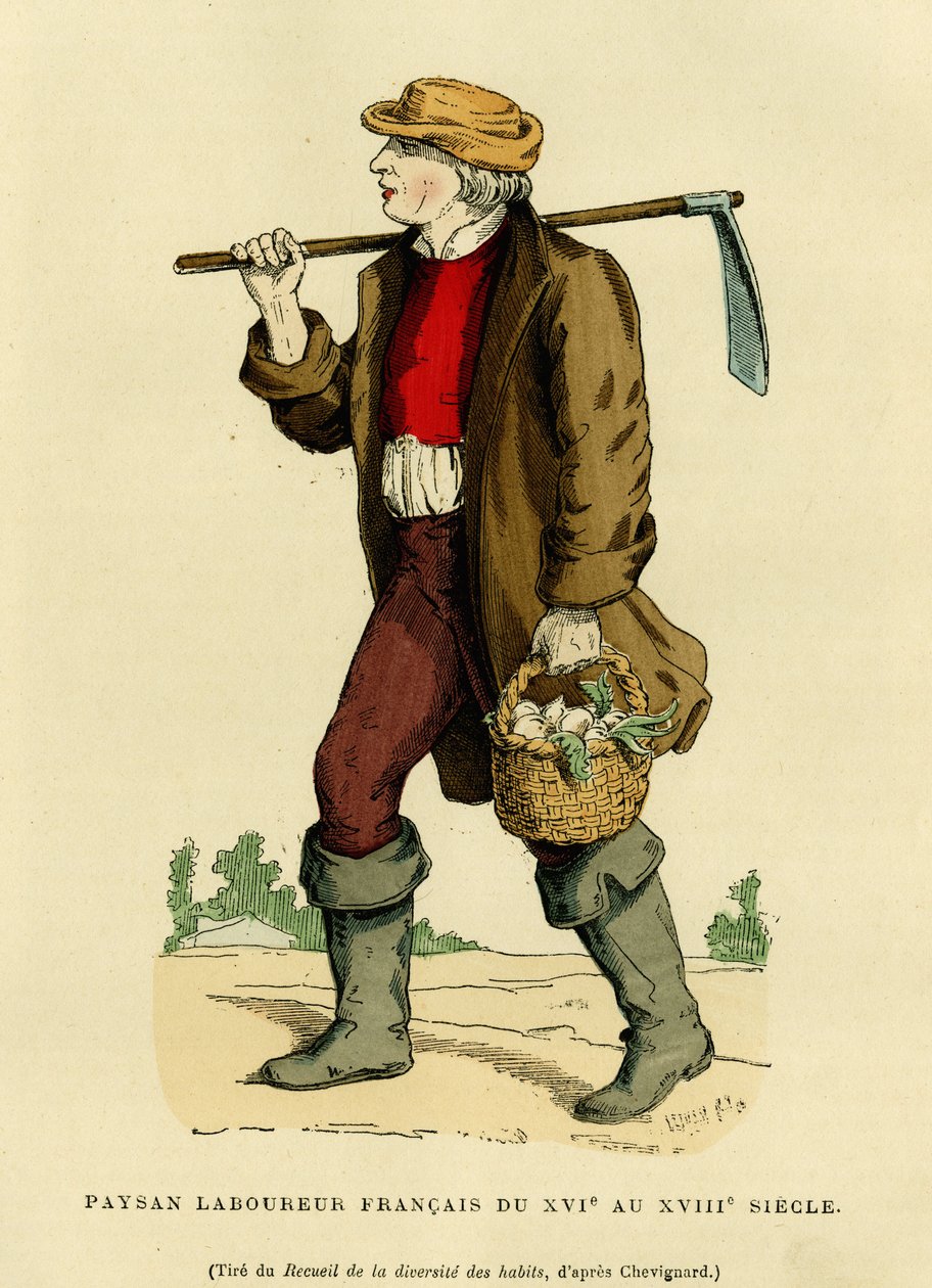 Maanviljelijän puku 1600-1700-luvuilta. Värikaiverrus Chevignardin piirustuksen mukaan, Augustin Challamelin teoksessa "France et les francais a travers les centuries", F.Royn toimittaja, Paris 1882. Selva Collection. tekijältä French School