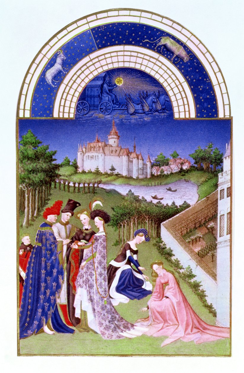 Faksimile huhtikuulta: Limbourgin veljien hovihahmot linnan alueella Tres Riches Heures du Duc de Berrystä (alkuperäinen katso 8436) tekijältä French School