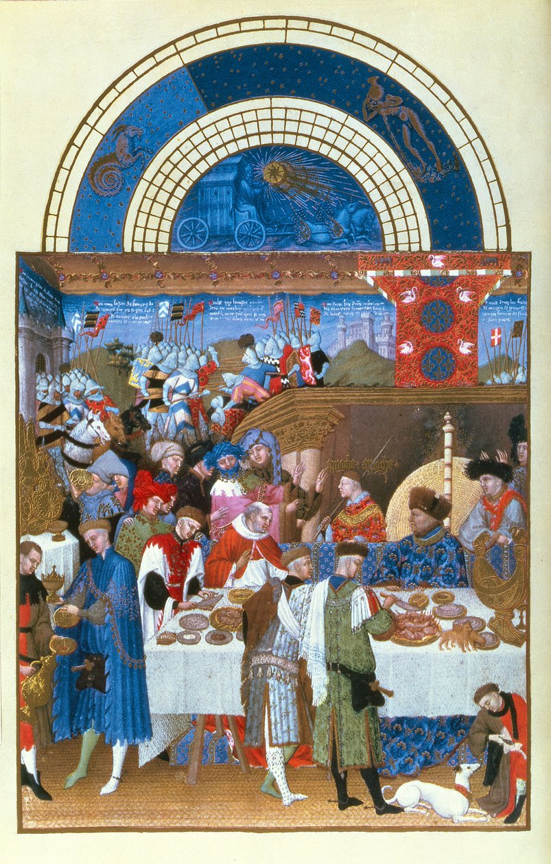 Tammikuun faksimile: Limbourgin veljien juhlakohtaus Tres Riches Heures du Duc de Berrystä (alkuperäinen katso 8433) tekijältä French School