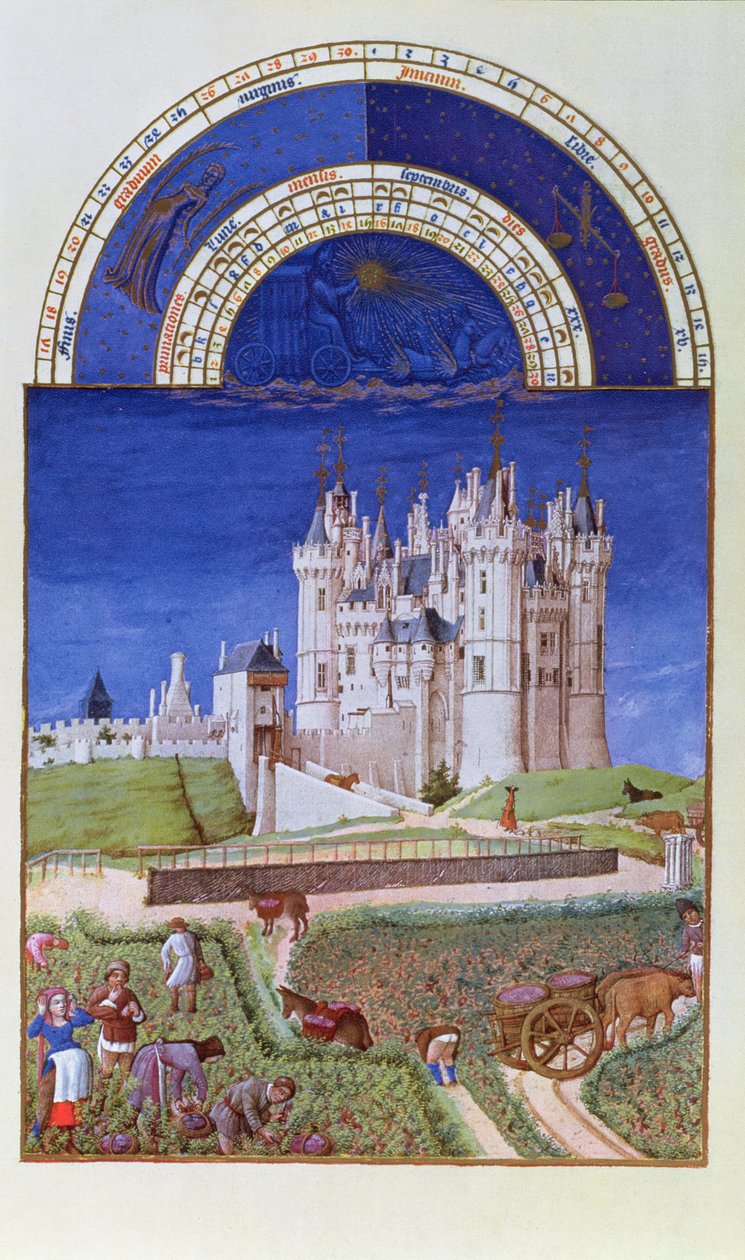 Syyskuun faksimile: Limbourgin veljien rypäleiden poimiminen Tres Riches Heures du Duc de Berrystä (alkuperäinen katso 8441) tekijältä French School