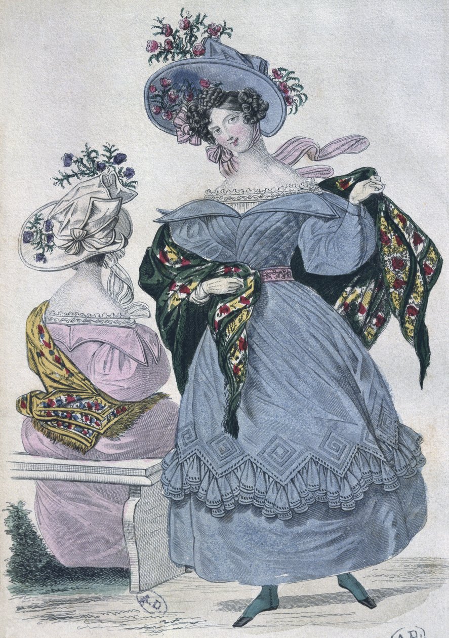 Muotilevy, Pariisi, kuvitus Le Petit Courrier des Damesista, 1830 (värikaiverrus) tekijältä French School