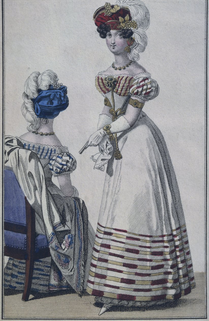 Muotilevy, Pariisi, kuvitus Le Petit Courrier des Damesista, n. 1820 (värikaiverrus) tekijältä French School