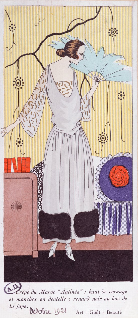 Höyhenistä valmistettua viuhkaa kuvaava muotilautanen Art, Gout, Beaute, 1921, (pochoor print) tekijältä French School