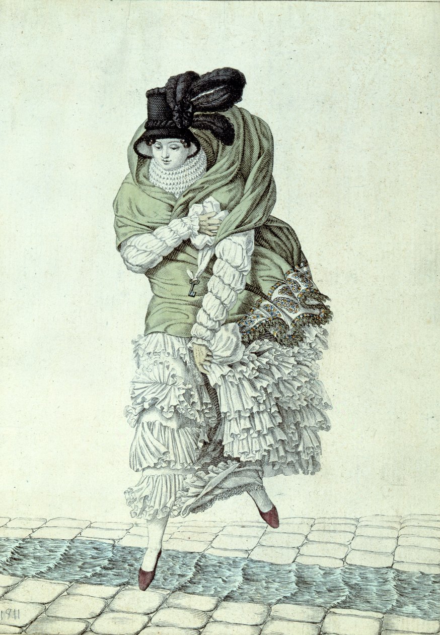 Muotikilpi, joka kuvaa naista ylittävässä viemärivirran, 1811 (värikaiverrus) tekijältä French School