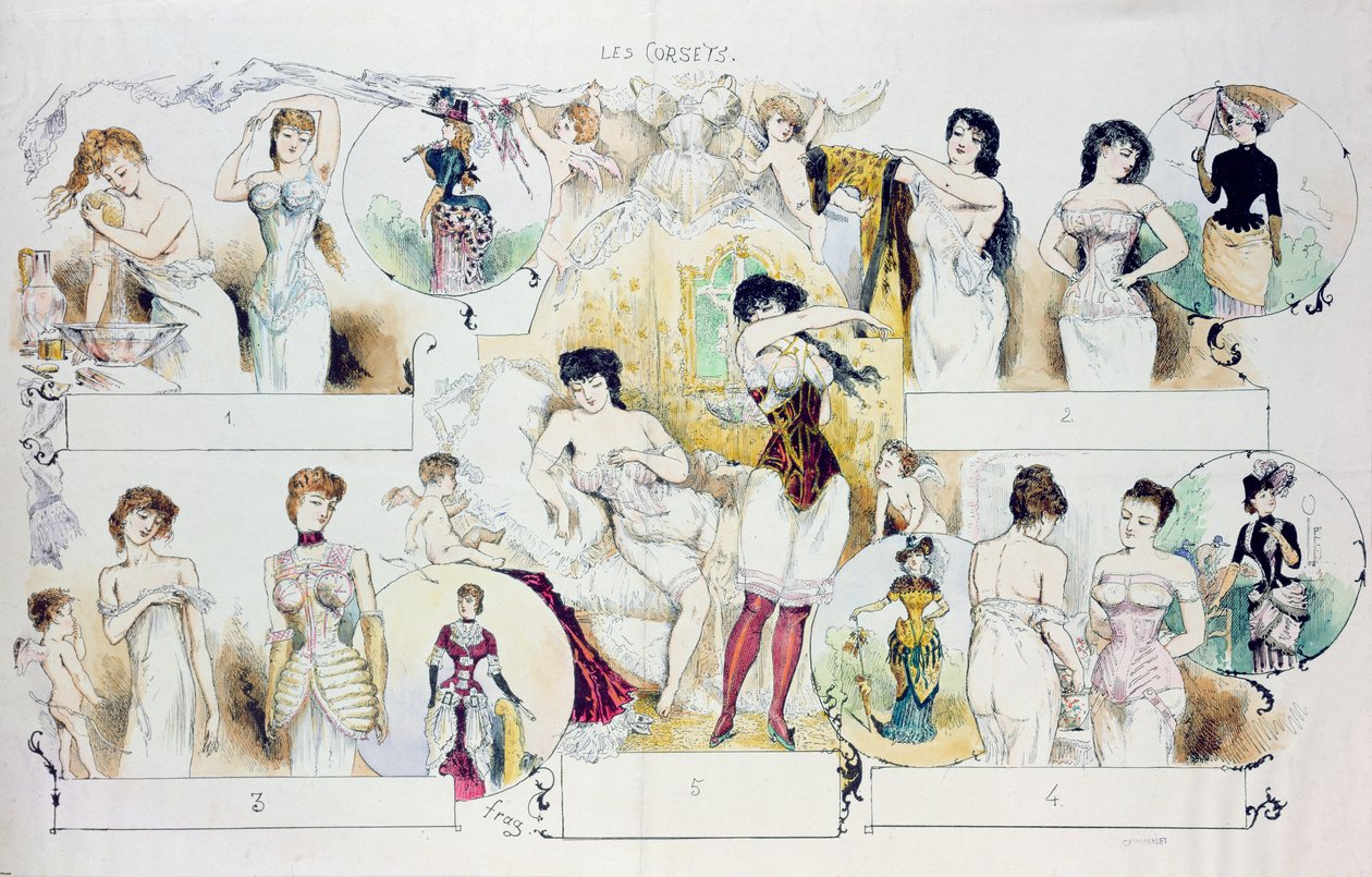La Vie Parisiennen korsetteja kuvaava muotilevy, n. 1870 (värikaiverrus) tekijältä French School