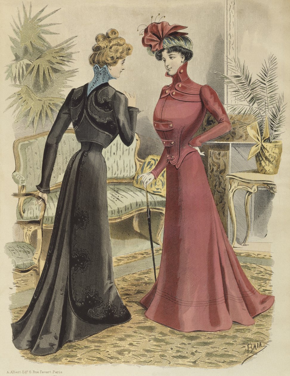 Muotilautanen, olohuoneessa, kuvitus La Nouvelle Modesta, 1897 (värikaiverrus) tekijältä French School