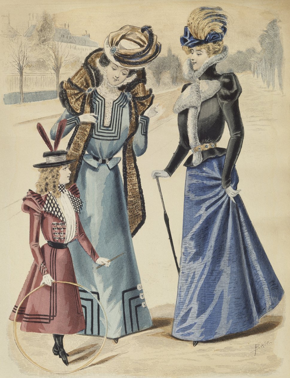 Muotilevy, bulevardilla, kuvitus La Nouvelle Modesta, 1897 (värikaiverrus) tekijältä French School