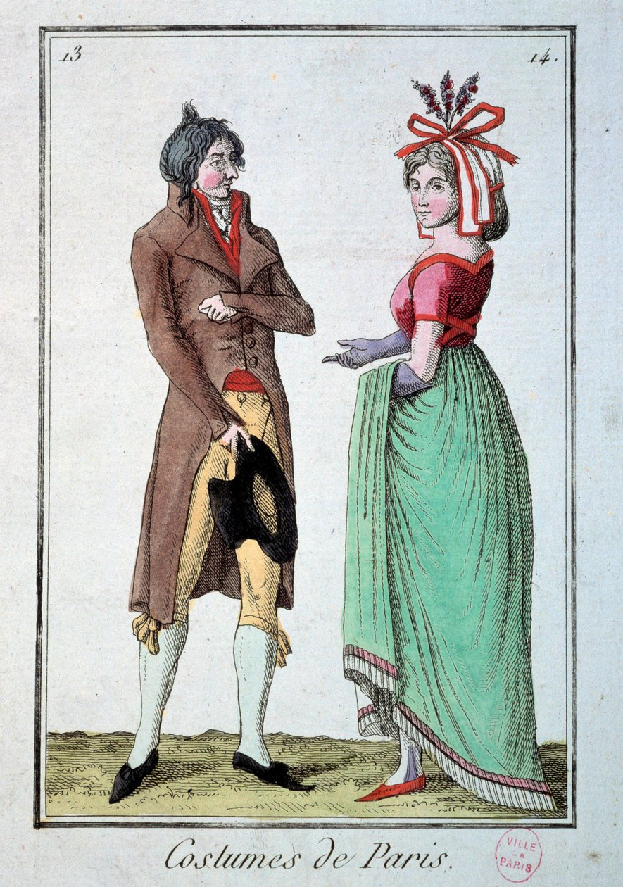 Muoti hakemiston alla: pari eleganttia, nainen käyttää hattua puutarhurilla. Kaiverrus vuodelta 1795. Pariisi, pukumuseo tekijältä French School