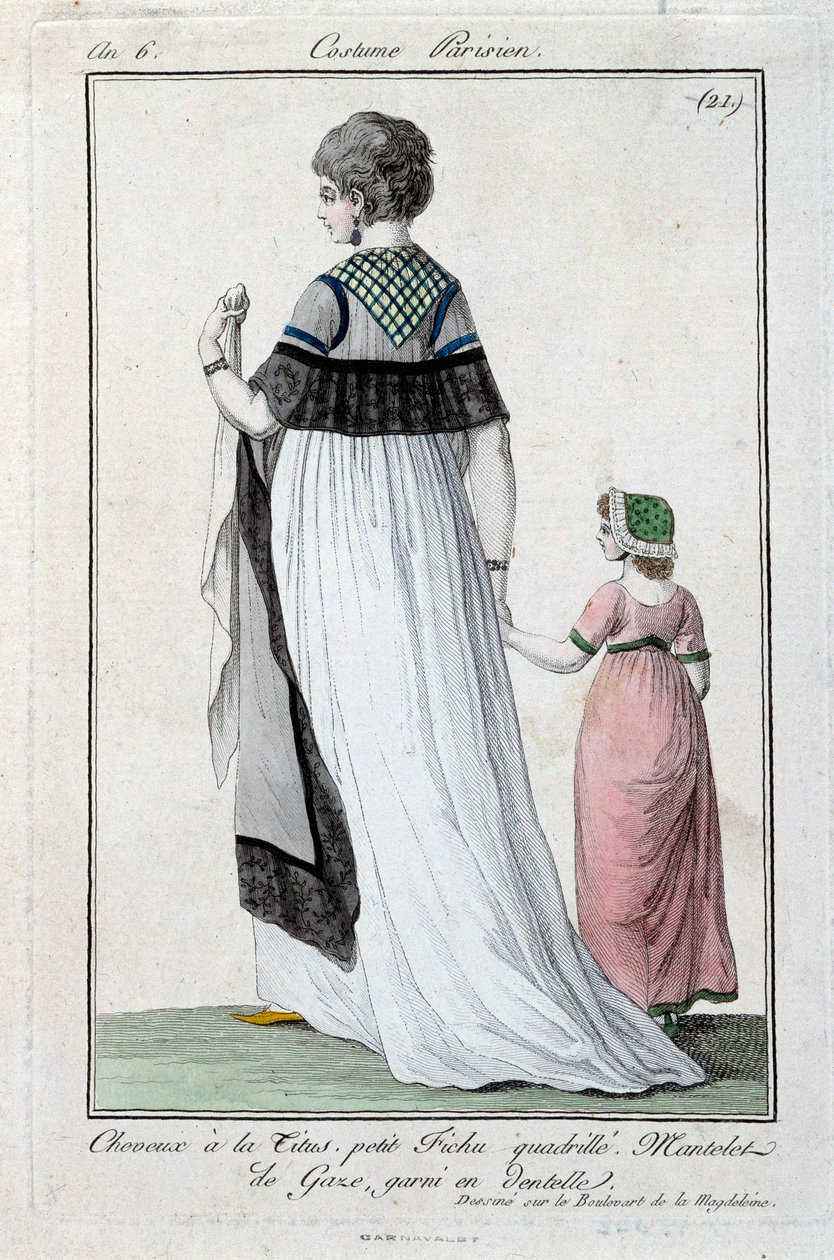 Muoti johtokunnan alla: tyylikäs nuori pariisilainen nainen yllään Titus, sideharsovaippa pitsillä. 1797. Pariisi, pukumuseo tekijältä French School