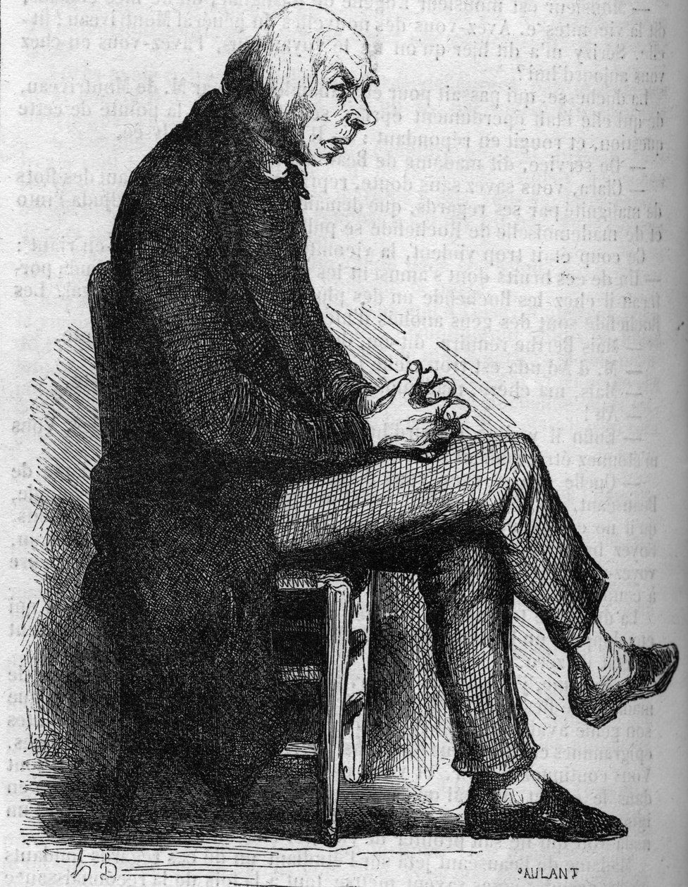 Isä Goriot. Kaiverrus 1800-luvun puolivälissä. Kuvitus Honore de Balzacin (1799-1850) "Isä Goriot" -sarjaan. tekijältä French School