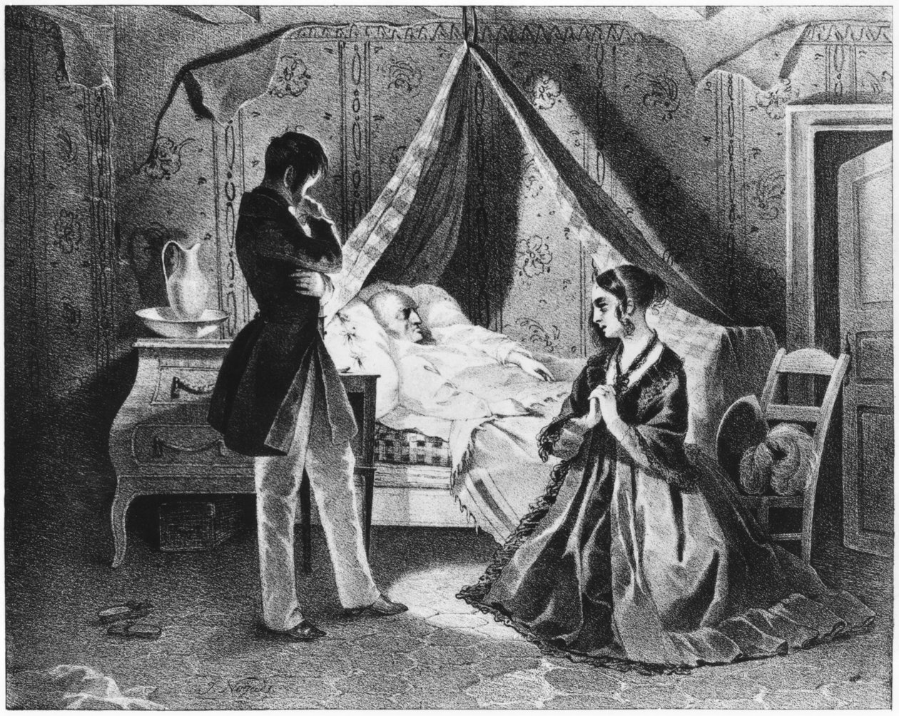 Isä Goriot kuolinsängyssä, kuvitus Honore de Balzacin (1799-1850) Le Pere Goriotista tekijältä French School