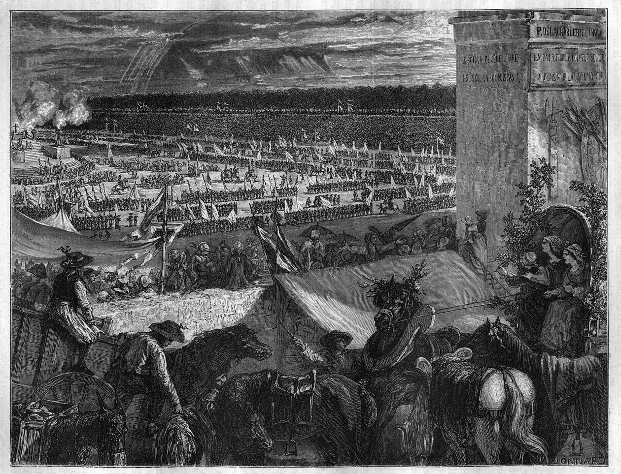 Federaation juhla Champ de Marsilla Pariisissa Bastillen valloituksen ensimmäisenä vuosipäivänä 14. heinäkuuta 1790. Maurice Lachatren kaiverrus "Histoire des Papes-Rois-Queen and Empereurs a travers les centuries" tekijältä French School