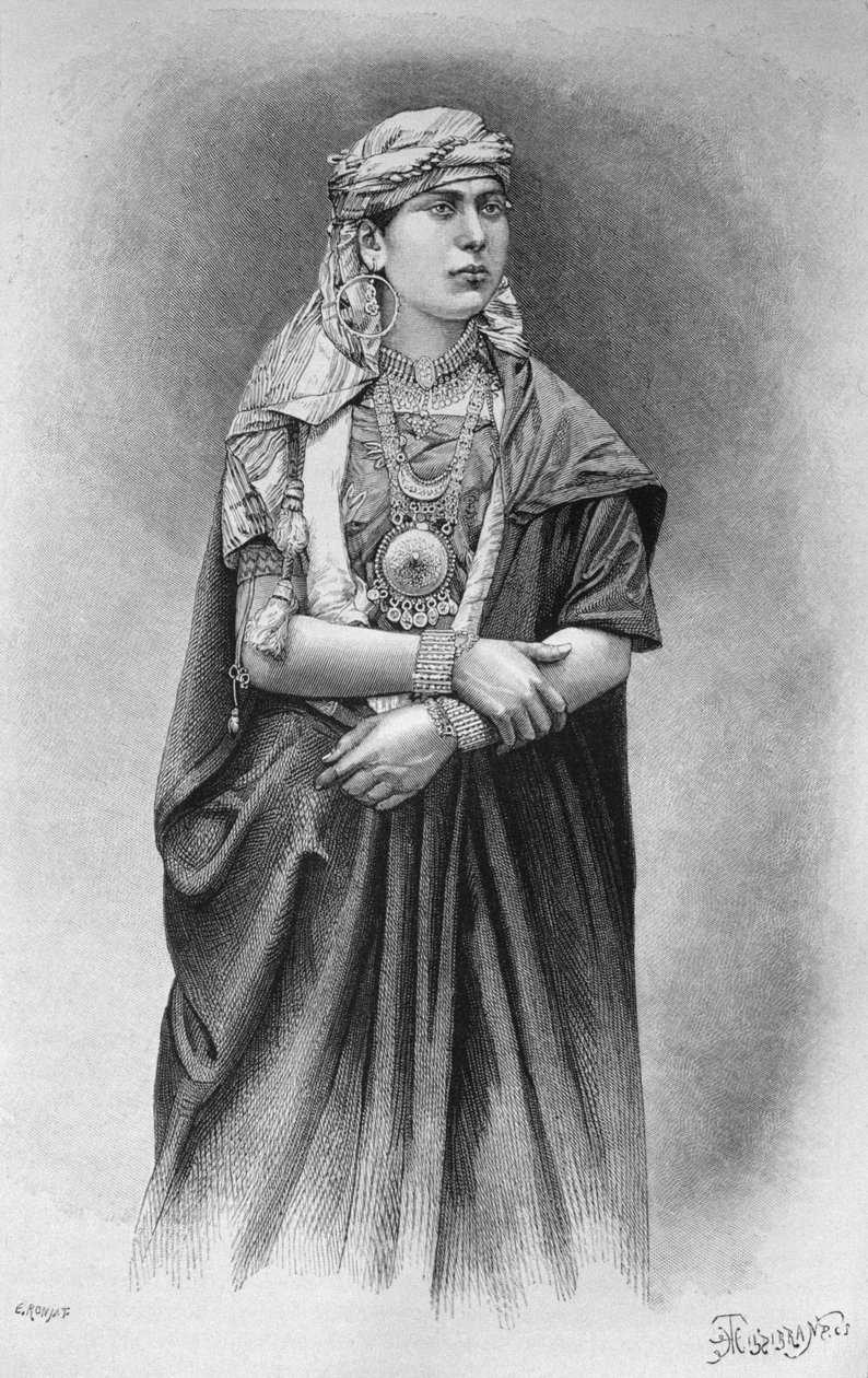 Fellaheen tyttö pukeutunut juhlamekko, Syyriasta tänään. Matkustaa Foinikiassa, Libanonissa ja Juudeassa. Louis Charles Emile Lortetin 1875-1880, 1884 (bw-kaiverrus) tekijältä French School