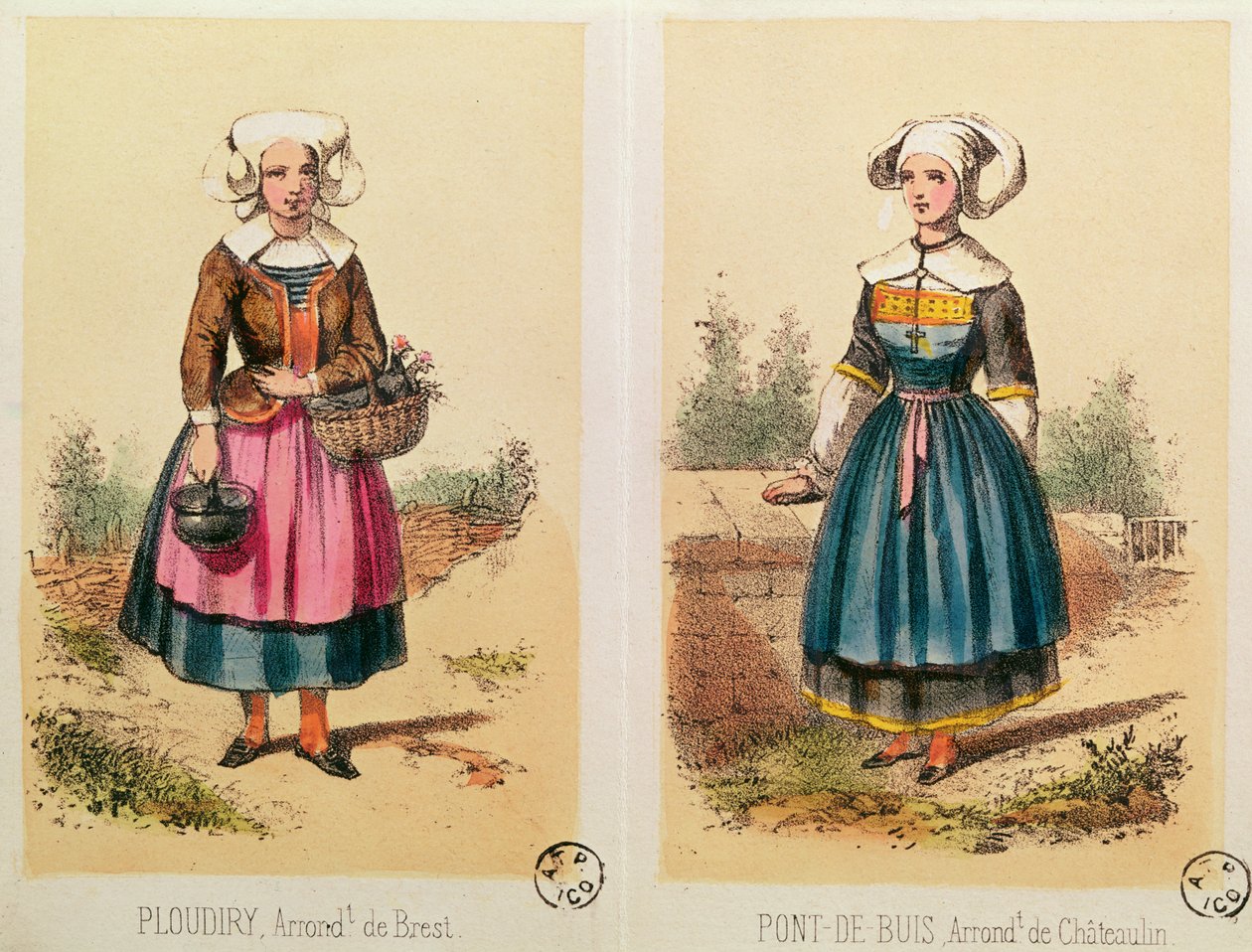 Naisten puvut Ploudirylta ja Pont de Buisilta, Les Costumes Bretons de Sorrieulta tekijältä French School