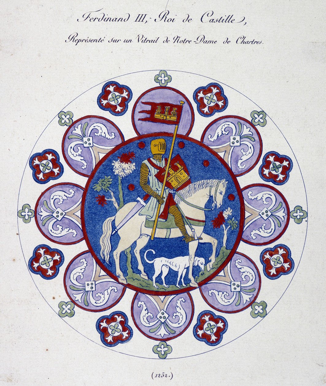 Fernand III, Kastilian kuningas, edustaa Notre Dame de Chartresin lasimaalausta (1252). Yliopiston vertaus. tekijältä French School