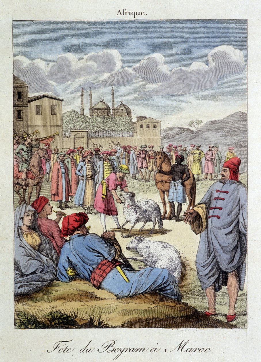 Beyram-festivaali (Aid) ja lampaiden uhraukset Marokossa - kirjassa "" Habits et customs des peoples"", ed Hocquart, Pariisi tekijältä French School
