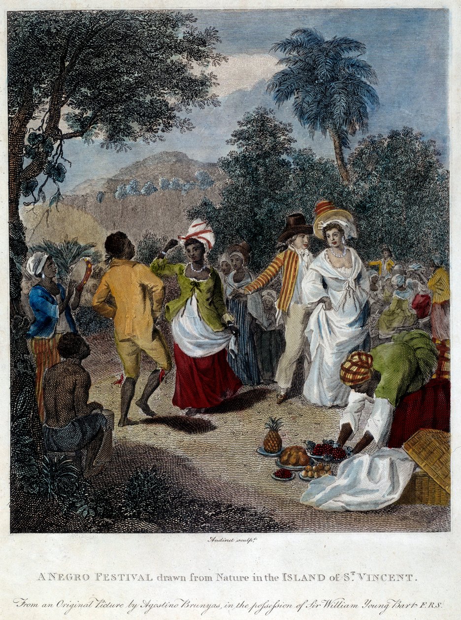Fete negre Saint Vincentin saarella (Keski-Amerikka, Antillit). Kaiverrus 1800-luvulta. Chartres, Kuvataidemuseo tekijältä French School