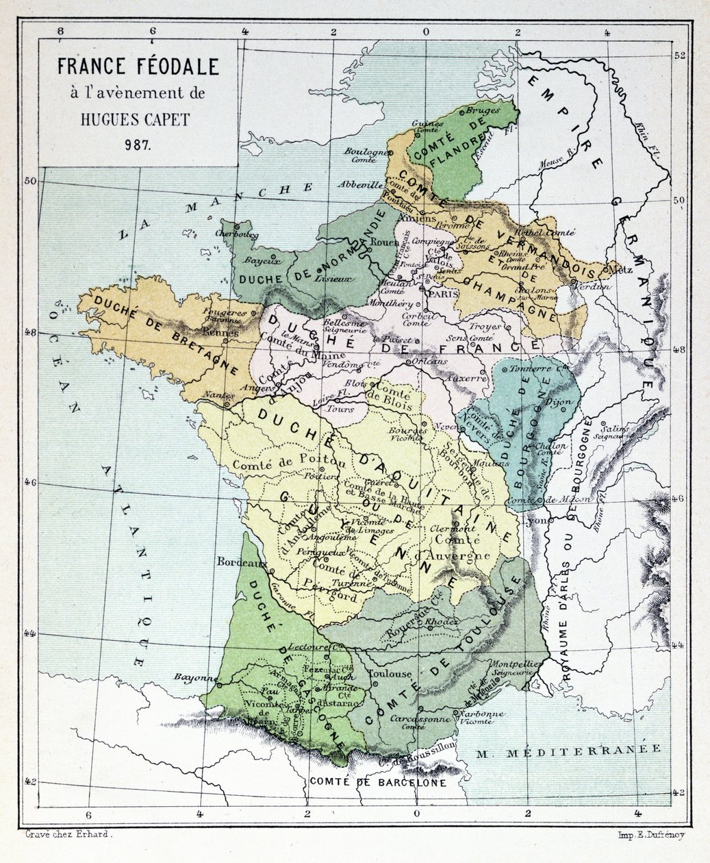 Feodaalinen Ranska Hugues Capetin liittyessä vuonna 987, kartta on kuvattu Histoire de Francessa n. 1880 tekijältä French School