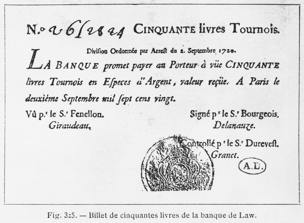 Viidenkymmenen punnan ranskalainen seteli Law Bankista, päivätty 2. syyskuuta 1720 tekijältä French School
