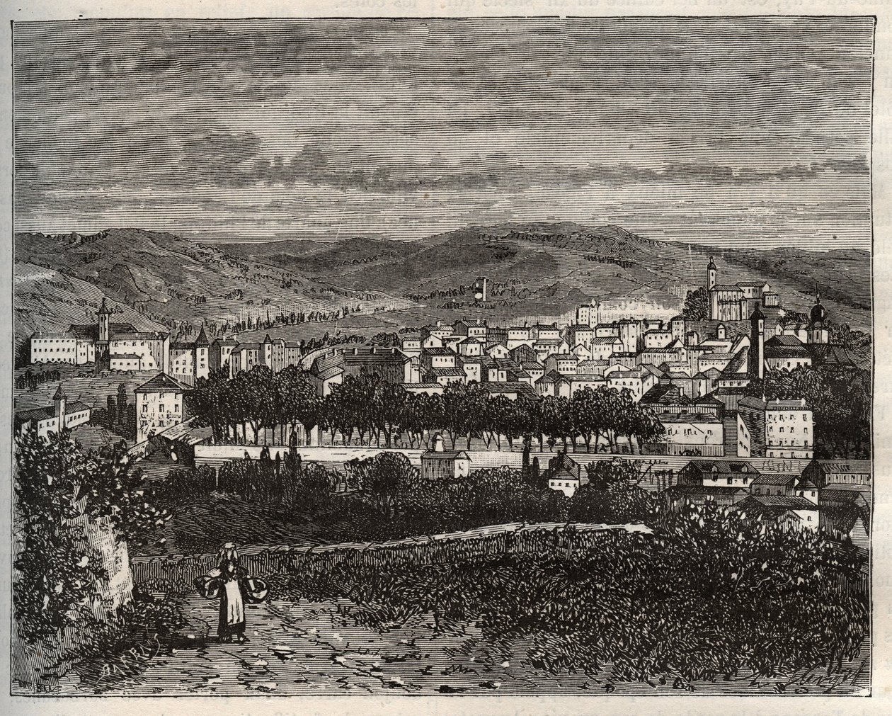 Figeac - Lot, Midi-Pyreneiden alueella - kaiverrus "La France illustree: maantiede, historia, tilastohallinto" V.A. Maltaanruskea. 1884 tekijältä French School