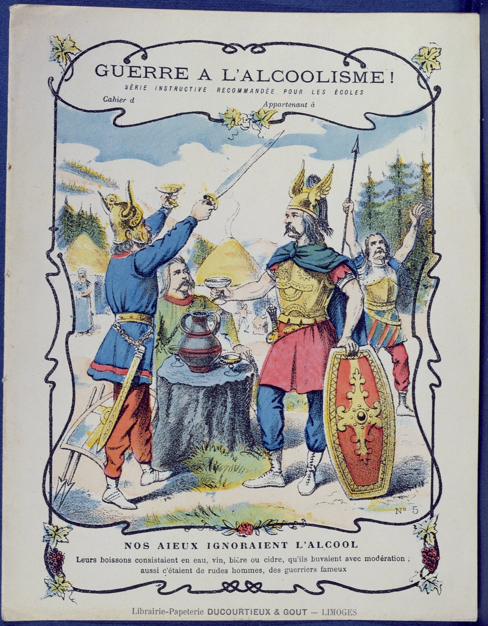 Fight Against Alcoholism!, kuva gallialaissotureista koulukirjojen suojaholkista, 1800-luvun loppu tekijältä French School