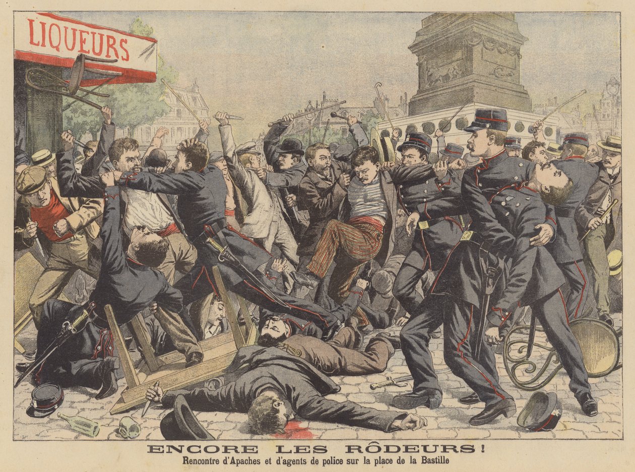 Apassien ja poliisin välinen taistelu Place de la Bastille -aukiolla Pariisissa (värilitografia). tekijältä French School