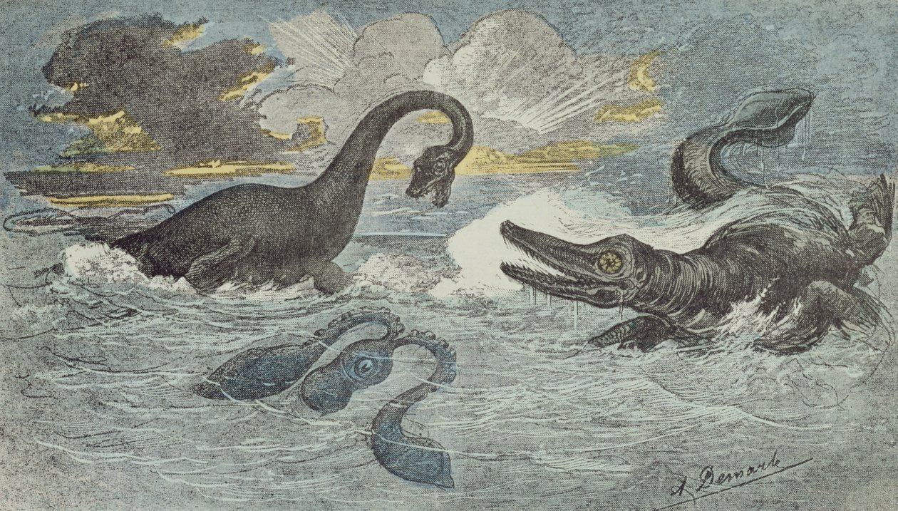 Taistelu plesiosauruksen ja iktiosauruksen välillä liass- tai jurakaudella (208-146 miljoonaa vuotta sitten), 1880 (värikaiverrus) tekijältä French School